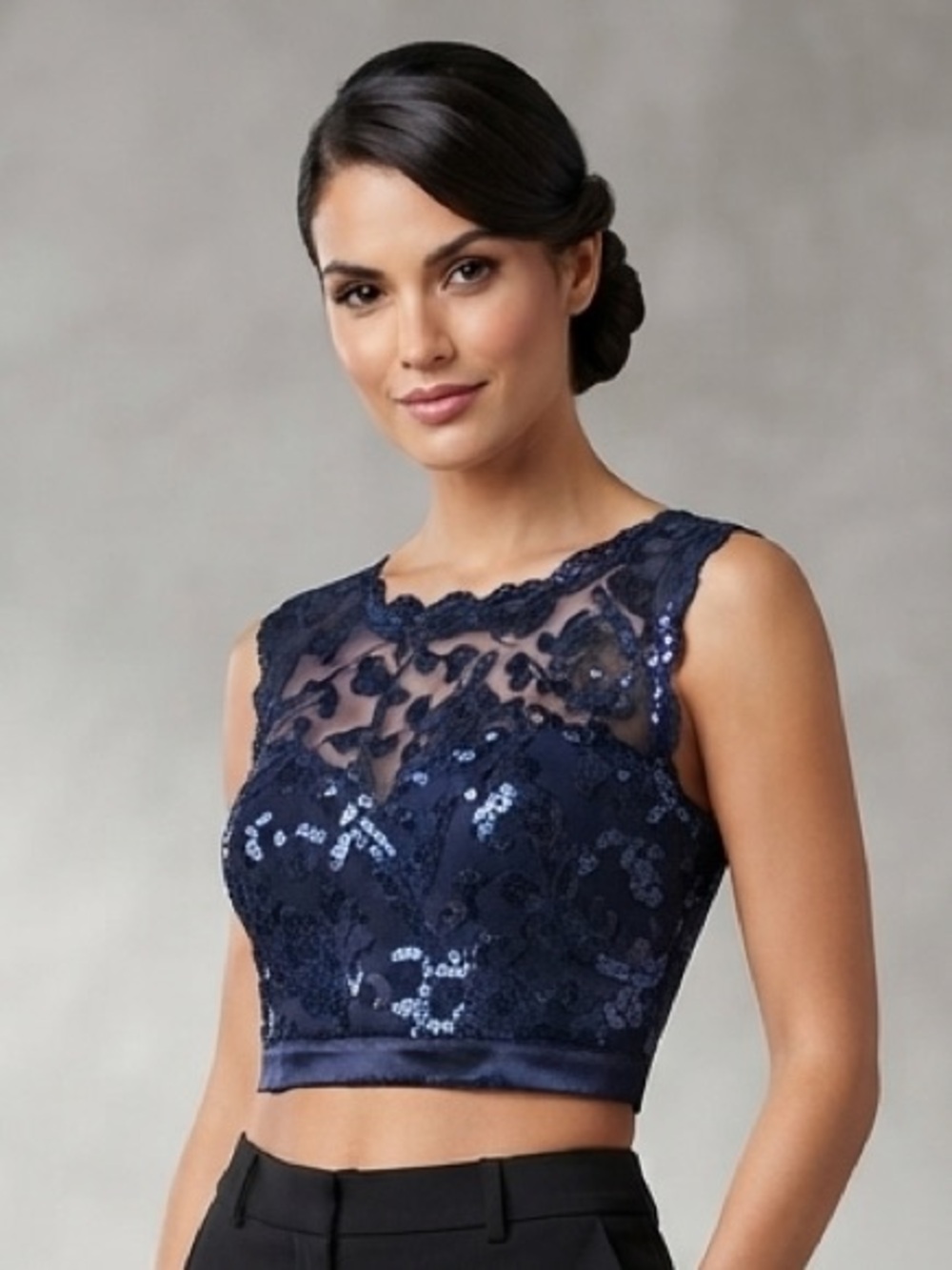 SEQUIN HEARTS Sequin Lace Crop Top XS/S Navy $80 Retail